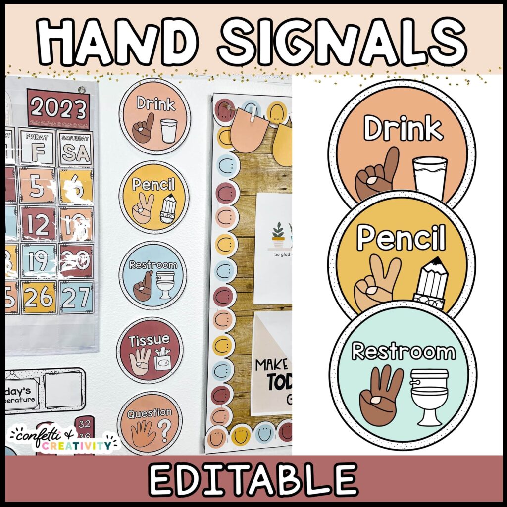 Shows close ups of the modern neutral hand signals next to an image of them set up on a wall in the classroom