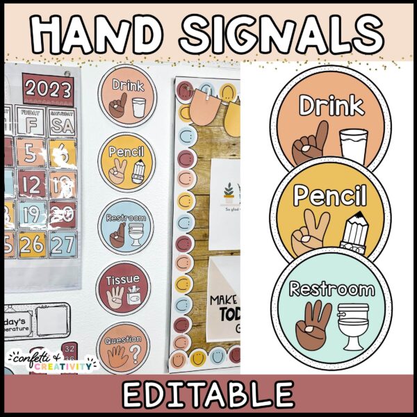 Shows close ups of the modern neutral hand signals next to an image of them set up on a wall in the classroom
