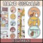 Shows close ups of the modern neutral hand signals next to an image of them set up on a wall in the classroom