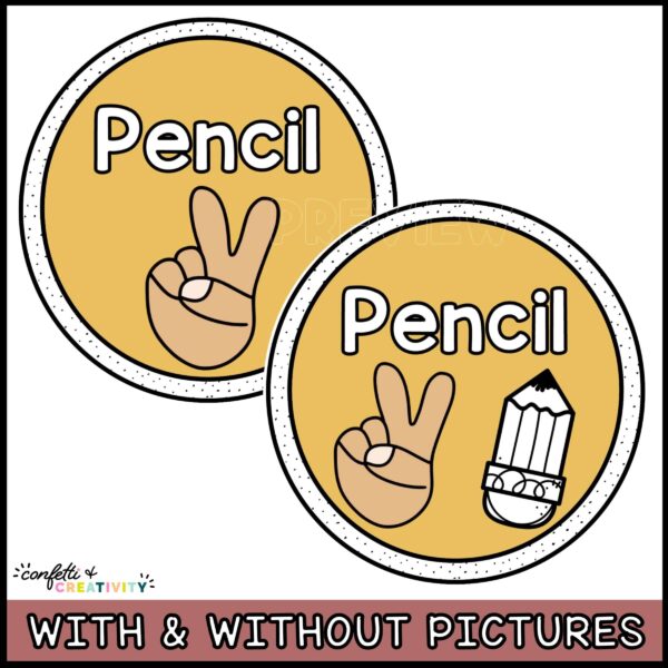 Modern Neutral Classroom Hand Signals - Clipart Options Shows the pencil hand signal card along with clipart and without clipart
