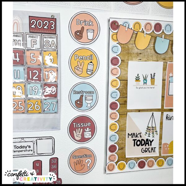 Modern Neutral Classroom Hand Signals - Classroom Photo Shows the hand signals set up on a wall of a real classroom