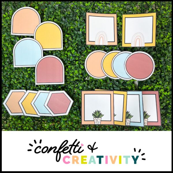 Modern Neutral Classroom Labels - Laid on Grass Panel Shows multiple different sizes and shapes of the modern neutral classroom labels laid out on a grass panel