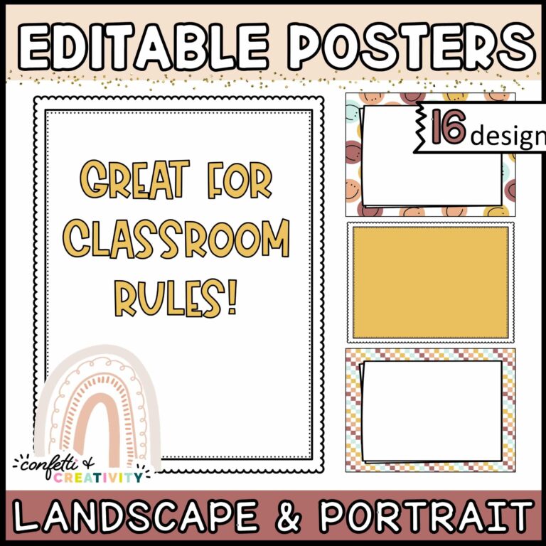 Shows some design options of editable classroom posters with a neutral color scheme