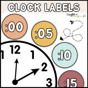 Shows clock labels next to a black and white clock. The labels have a neutral color scheme
