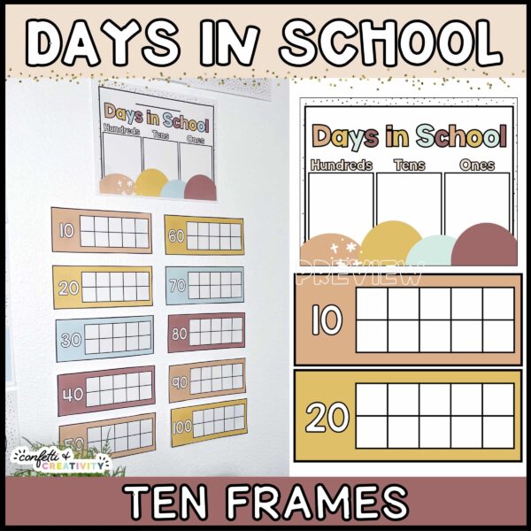 Shows the days in school tally ten frames on a real wall in the classroom