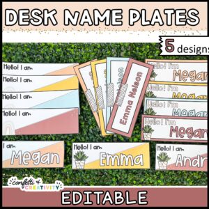 Shows the desk name plates laid out on a grass panel and filled out
