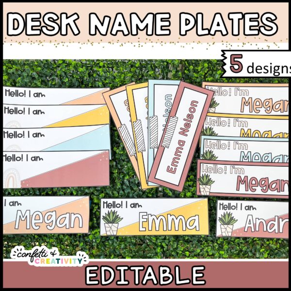 Shows the desk name plates laid out on a grass panel and filled out