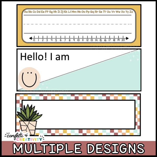 Modern Neutral Desk Name Plates - More Design Shows multiple design options includes some with happy faces, neutral colors, and more