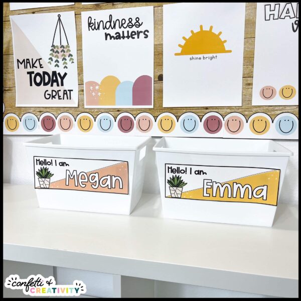 Modern Neutral Desk Name Plates - Real Classroom Shows the desk name plates in a real classroom with the names "Emma" and "Megan"