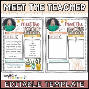 Shows two different easy to edit meet the teacher templates. Both templates are in neutral colors