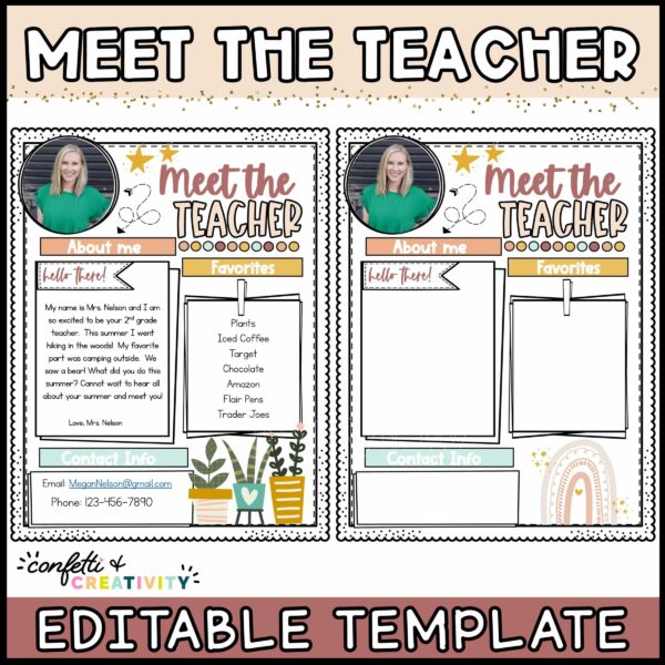 Shows two different easy to edit meet the teacher templates. Both templates are in neutral colors