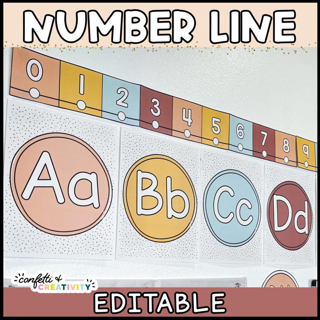 Shows the modern neutral number line in a real classroom above the alphabet posters