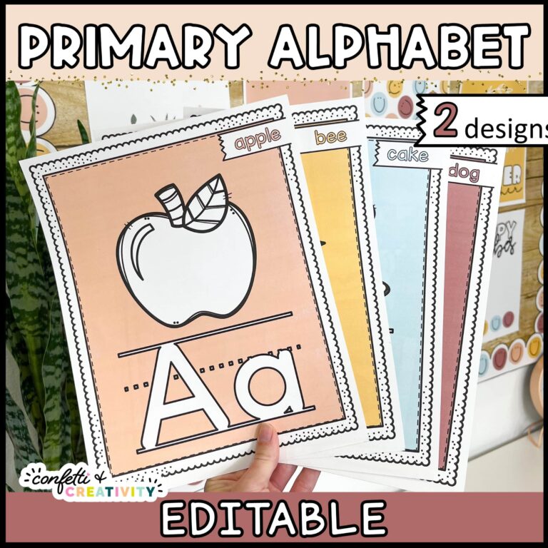 Shows the alphabet posters with pictures fanned out. The most visible alphabet poster is the letter A with an apple