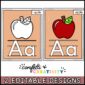 Shows two sets of alphabet posters. One has black and white clipart while the other has colored clipart