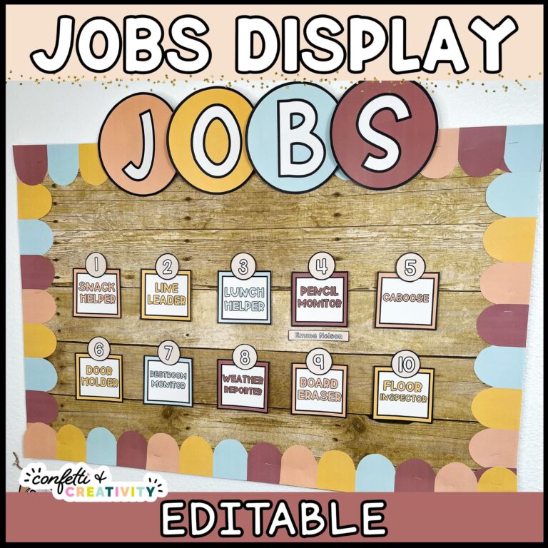 Shows the modern neutral classroom jobs set up on a bulletin board. Features a header "Jobs"