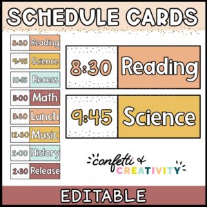 Shows the modern neutral schedule cards. The cards follow a orange, yellow, teal, and marroon color scheme