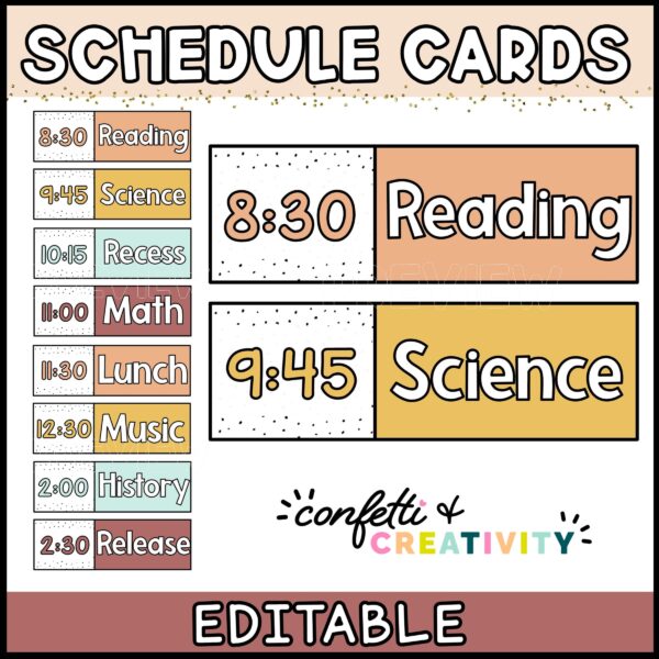 Shows the modern neutral schedule cards. The cards follow a orange, yellow, teal, and marroon color scheme