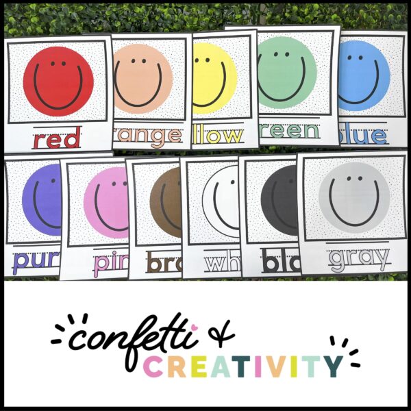 Neutral Color Posters - Real Classroom Shows all of the happy face colors laid out on a grass panel