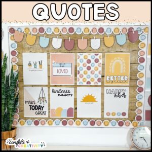 Shows an image with "quotes" at the top of the image with a showing of 8 posters on a bulletin board. The board includes neutral bulletin board borders