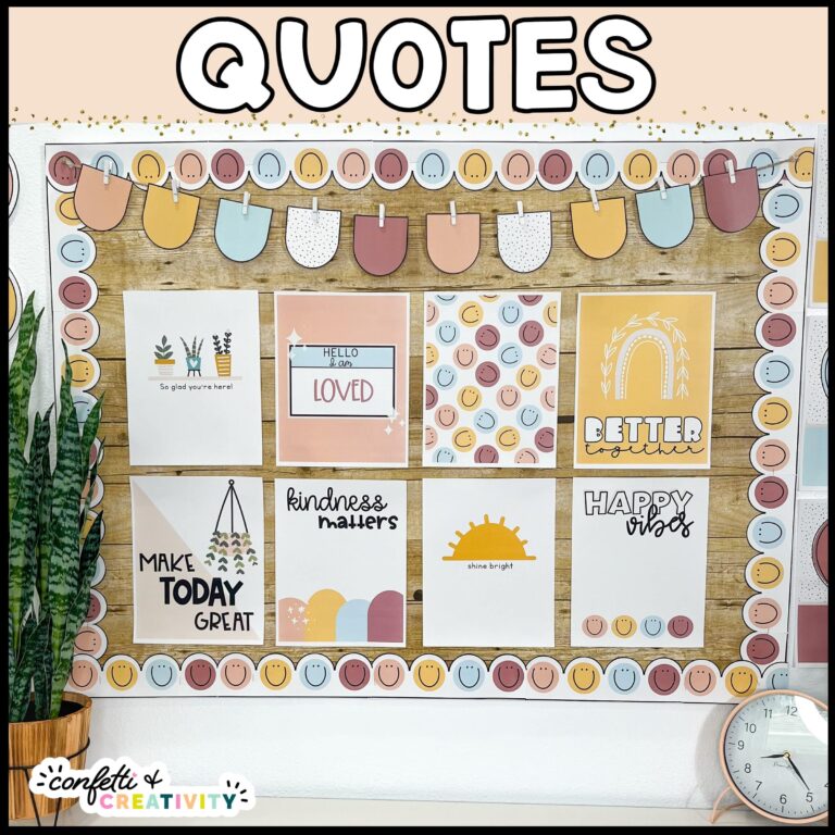 Shows an image with "quotes" at the top of the image with a showing of 8 posters on a bulletin board. The board includes neutral bulletin board borders
