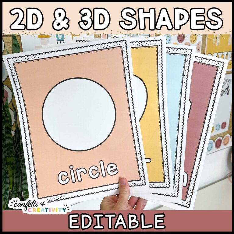 Shows multiple shape posters fanned out with the text "2D and 3D Shapes" at the top of the image