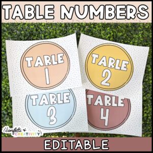 Shows table numbers 1 through 4 in a neutral color scheme. The posters are sitting on a green grass panel