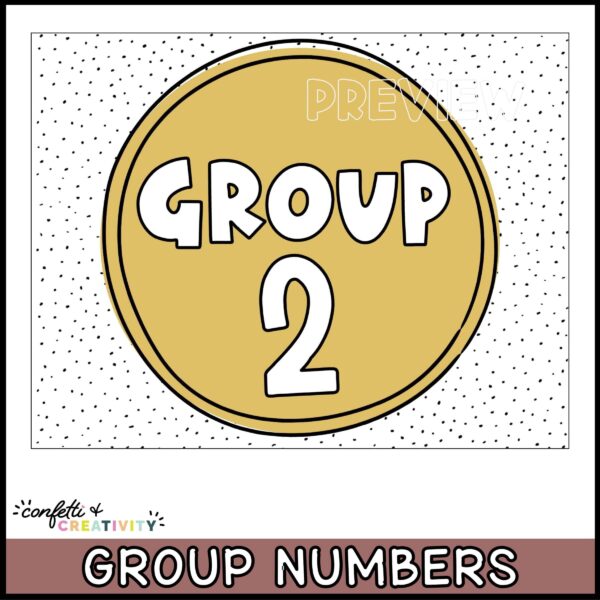 Neutral Table Numbers - Group Numbers Shows a close up of a group number poster. The example has group 2 with a yellow background