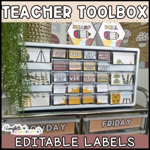 Shows the full teacher toolbox with neutral labels. The toolbox is spray painted white