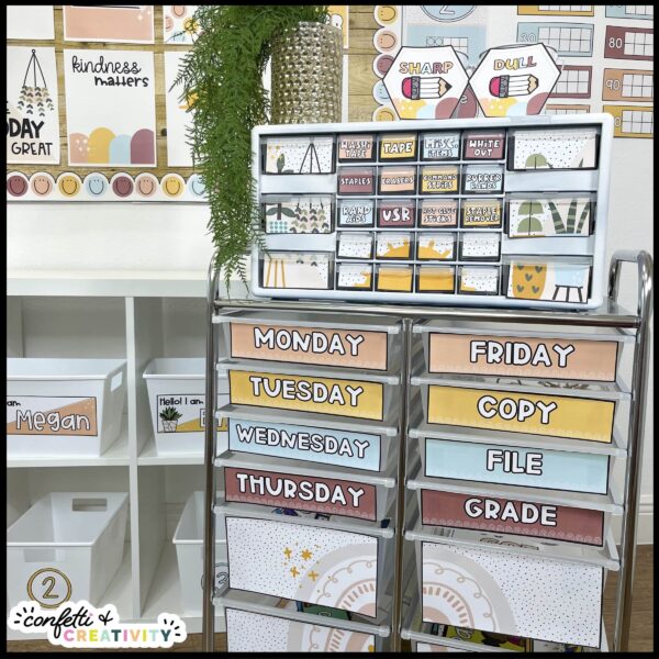 Neutral Teacher Toolbox Labels - Toolbox and 12 Drawer Cart Shows the full teacher toolbox with neutral labels. The toolbox is spray painted white