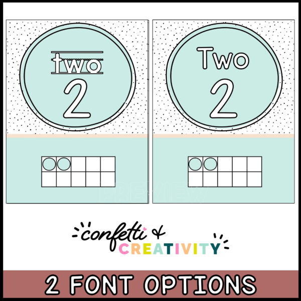 Neutral Ten Frames - Different Fonts Shows two blue ten frame posters with different font options. One font is a standard font, the second is a dotted line font