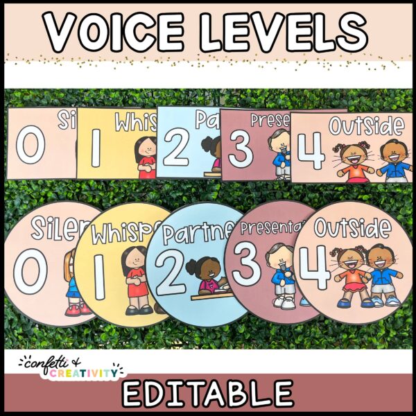 Shows multiple versions of the cards with the text "Voice Levels" at the top of the image