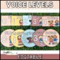 Shows multiple versions of the cards with the text "Voice Levels" at the top of the image
