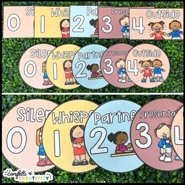 Neural Voice Level Posters - Real Life Photo Shows all the voice level cards on a grass panel. The cards are in a neutral color palette