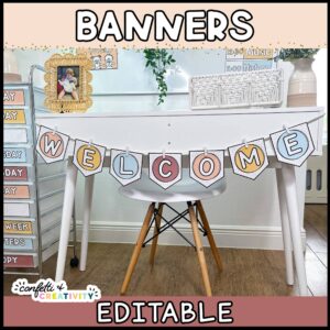 Shows the classroom banner on a white desk