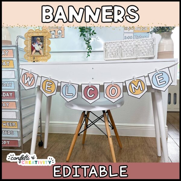 Shows the classroom banner on a white desk