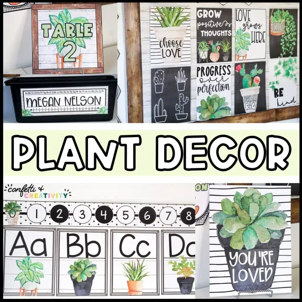 Plant Classroom Decor Bundle Cover Photo Shows multiple colors of the plant classroom decor bundle. Includes things like the inspirational quote posters, desk name plates, and the text \"plant decor\" in the center of the image