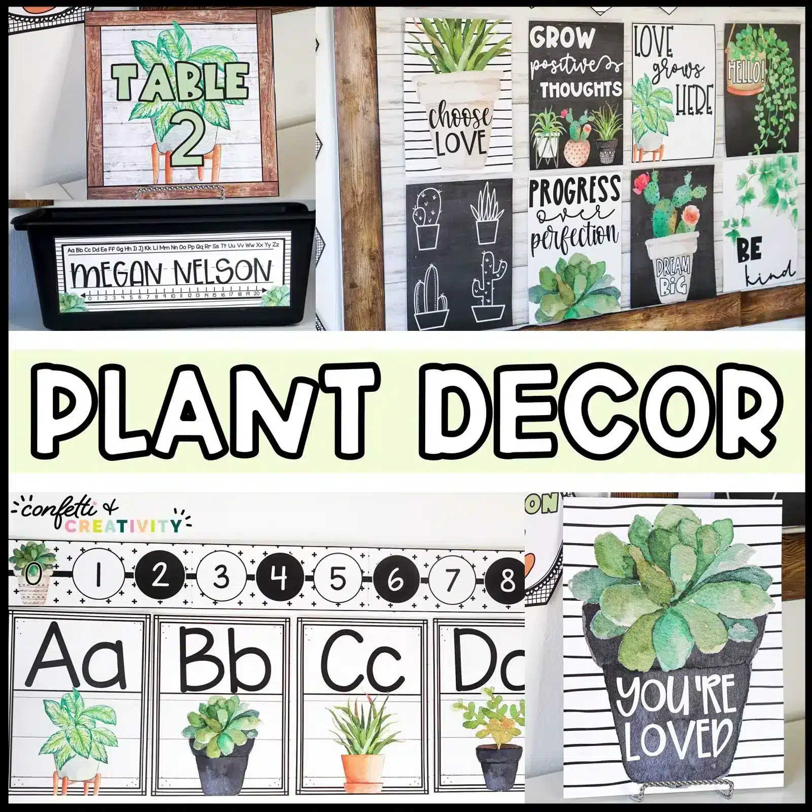 Shows items from the plant classroom theme. Features things such as a motivational poster set, binder covers, alphabet posters, and desk name plates set up on a black basket.