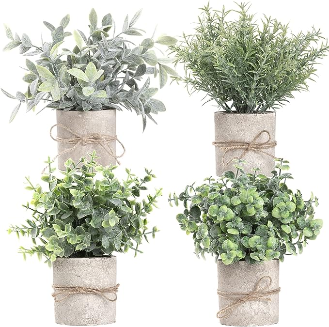 Shows example fake short plants found on Amazon. Features dark green, light green, and almost white potted fake plants for the classroom