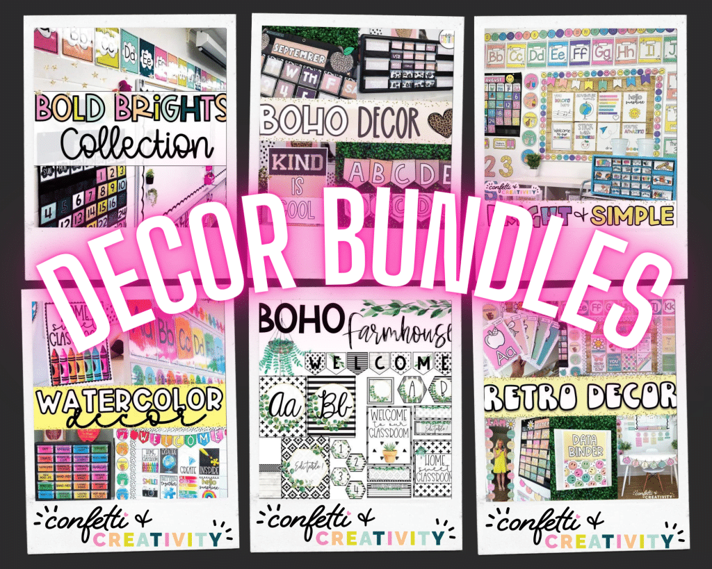 Photo of Confetti & Creativity decor bundles. These bundles can help you pick your classroom theme.