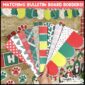Shows the printable bulletin board borders fanned out in front of the bulletin board set up in the background