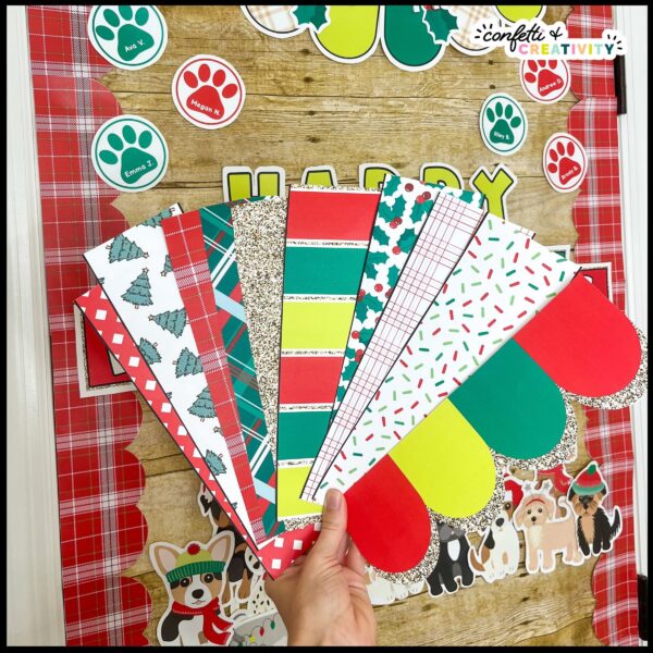 Christmas Door Decor - Printable Bulletin Board Borders Shows the printable Christmas themed bulletin board borders fanned out in front of the classroom door