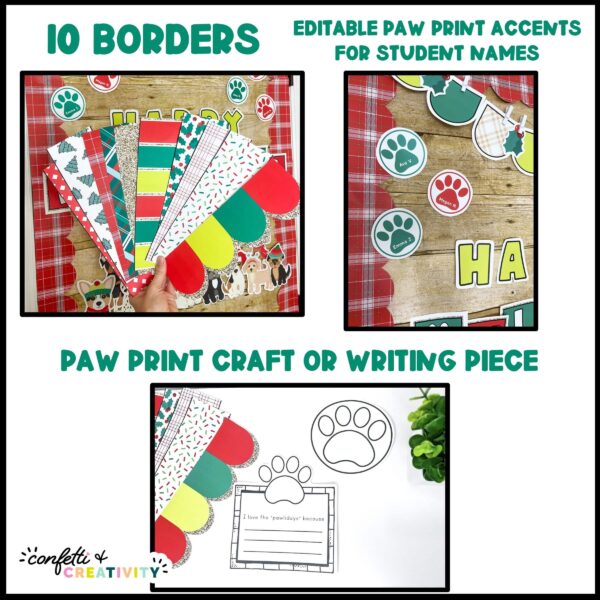 Christmas Door Decor - Multiple Close Ups Shows multiple close ups of the printable bulletin board borders as well as the dog paw clipart that's used to add student names to the board