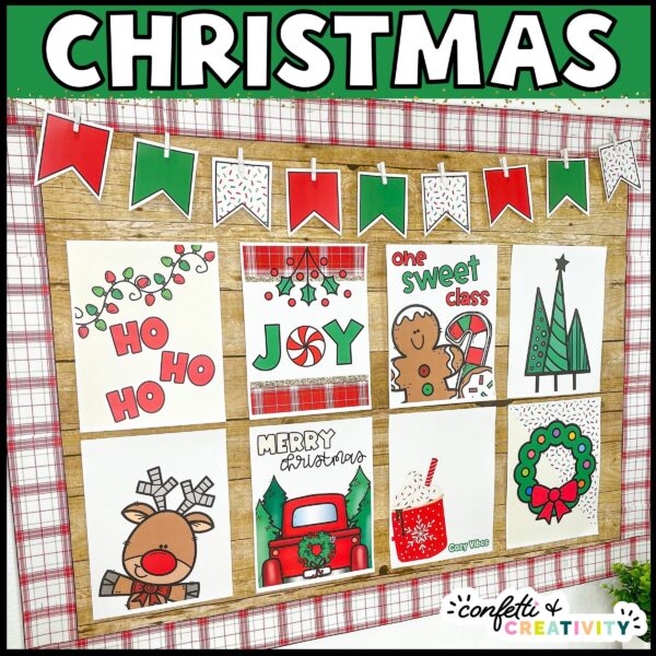 Shows all 8 Christmas themed posters with a red and green Christmas themed banner on a bulletin board