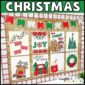 Shows all 8 Christmas themed posters with a red and green Christmas themed banner on a bulletin board