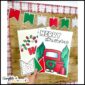Shows 2 example Christmas posters. One has a cute red truck and Christmas trees in the back