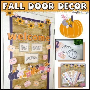 Shows the Fall door decor set up on a classroom door with a close up image of a pumpkin and other clipart