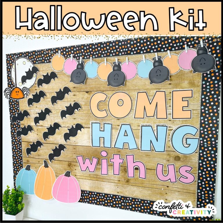 Shows the Halloween Bulletin board set up with the bat clipart, blue and orange letters that says "Come Hang with us"