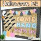 Shows the Halloween Bulletin board set up with the bat clipart, blue and orange letters that says "Come Hang with us"