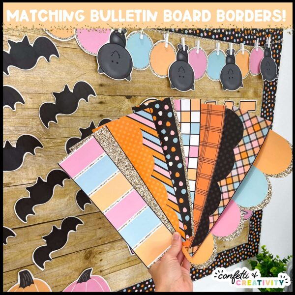 Halloween Bulletin Board - Printable Bulletin Board Borders Shows the printable bulletin board borders fanned out in front of the Halloween bulletin board in the background