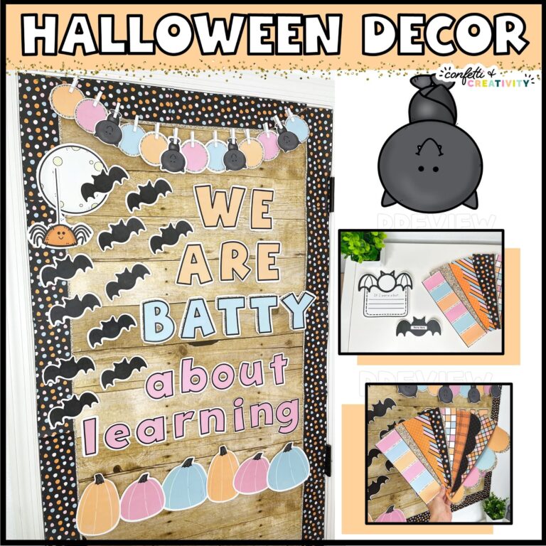 Shows the Halloween door decor set up with the phrase "we are batty about learning". To the right of the door is a close up of the bat clipart that's used to decorate the door